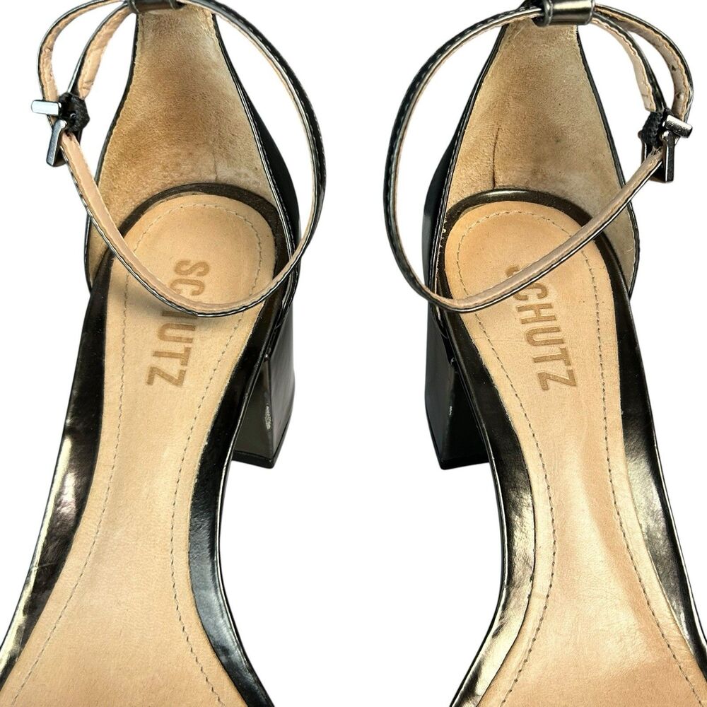 Schutz Womens Chimes Block Heel Sandals 8 B Gunmetal Metallic Strappy - Picture 4 of 9